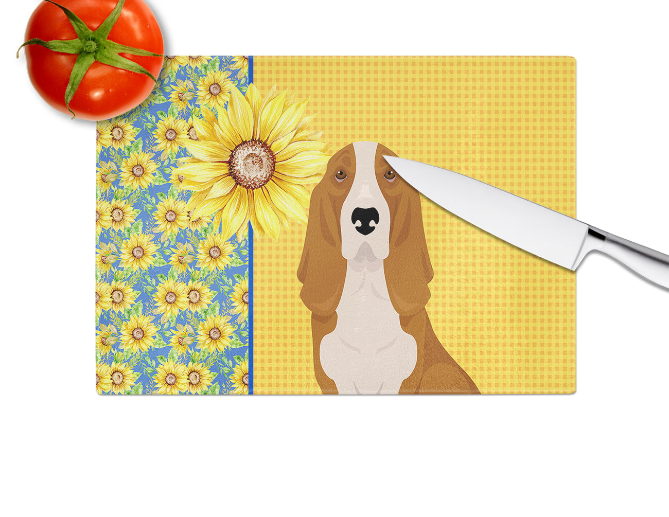 Summer Sunflowers Red and White Tricolor Basset Hound Glass Cutting Board Large - the-store.com