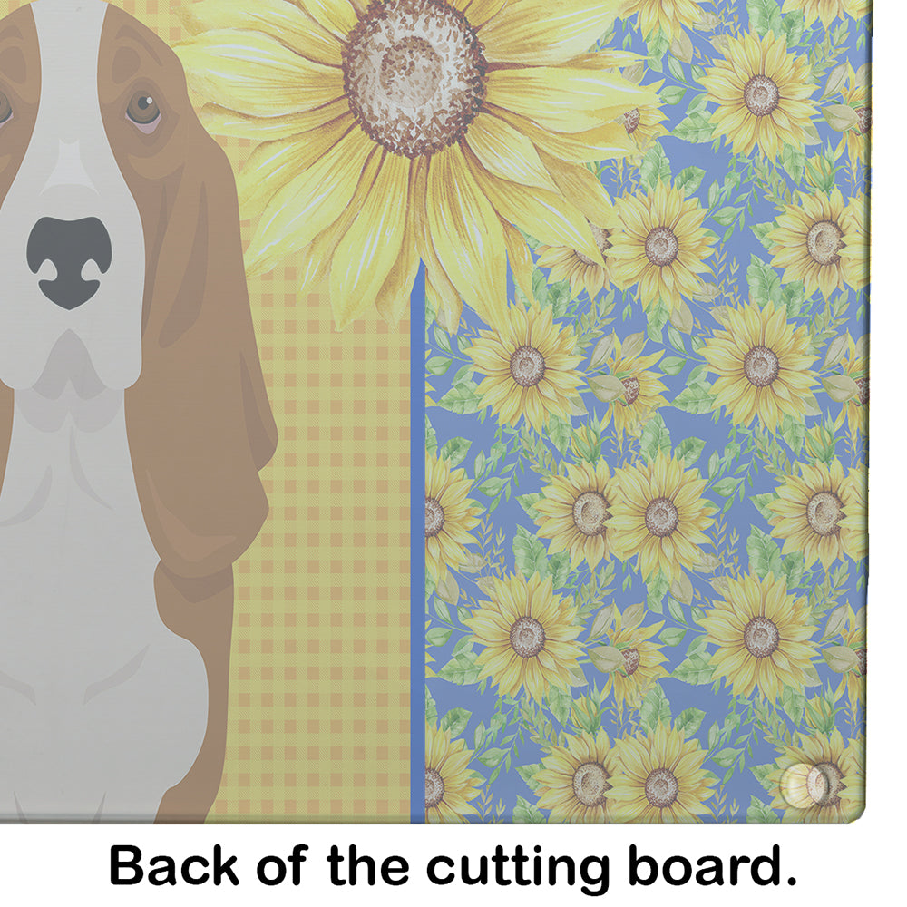 Summer Sunflowers Red and White Tricolor Basset Hound Glass Cutting Board Large - the-store.com