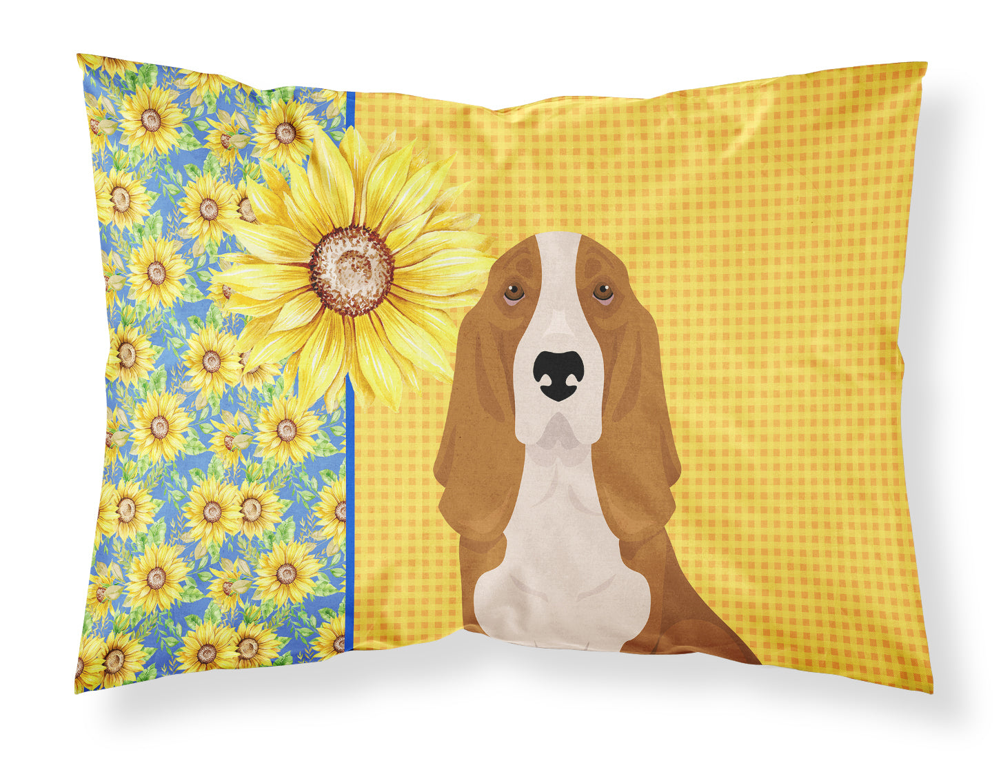Buy this Summer Sunflowers Red and White Tricolor Basset Hound Fabric Standard Pillowcase