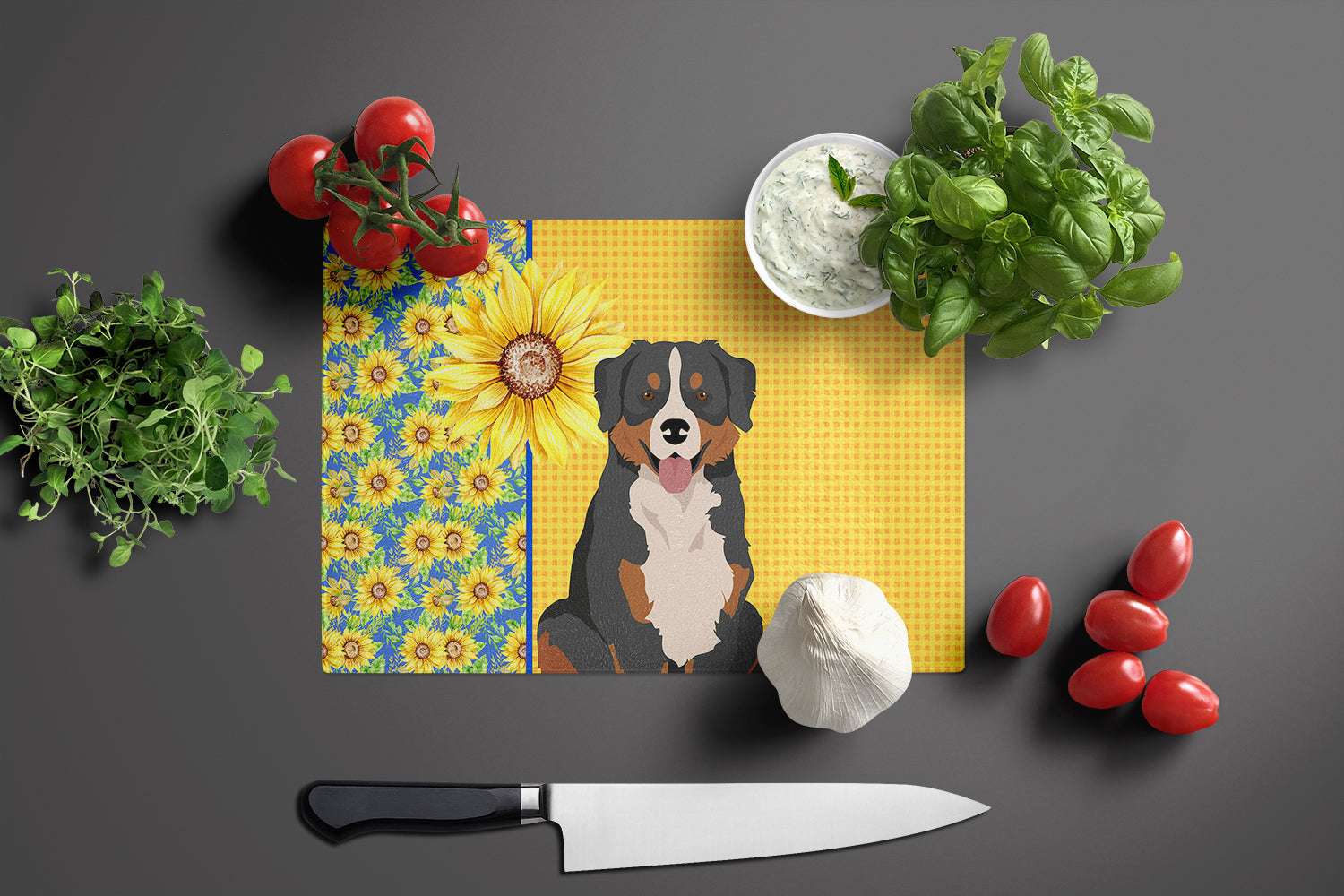 Summer Sunflowers Bernese Mountain Dog Glass Cutting Board Large - the-store.com