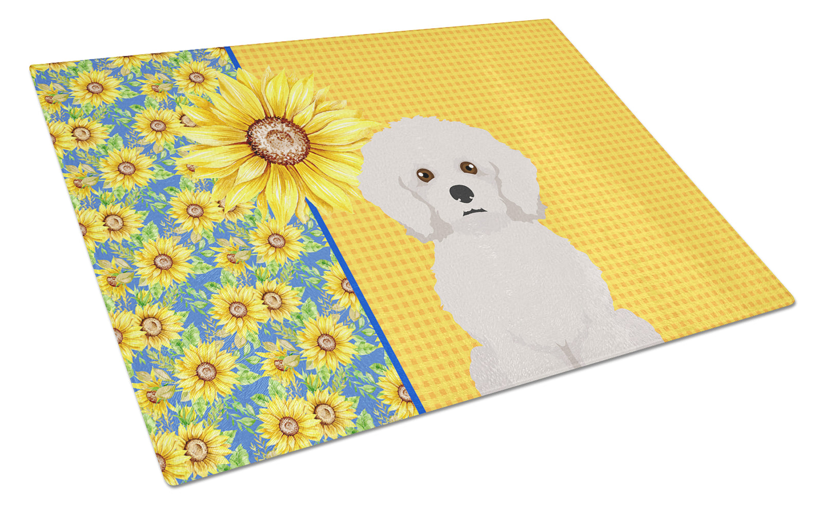 Buy this Summer Sunflowers Bichon Frise Glass Cutting Board Large