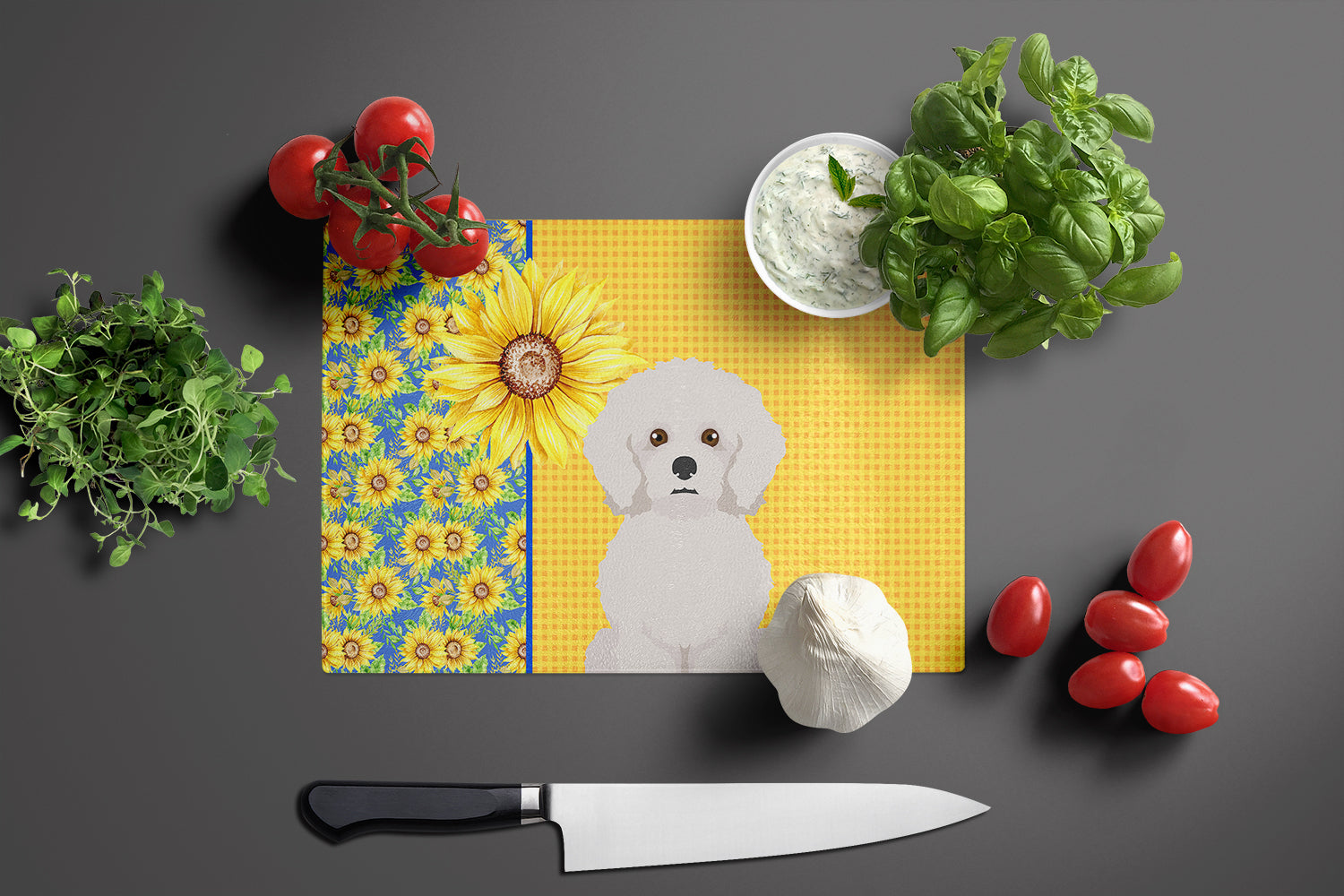Summer Sunflowers Bichon Frise Glass Cutting Board Large - the-store.com
