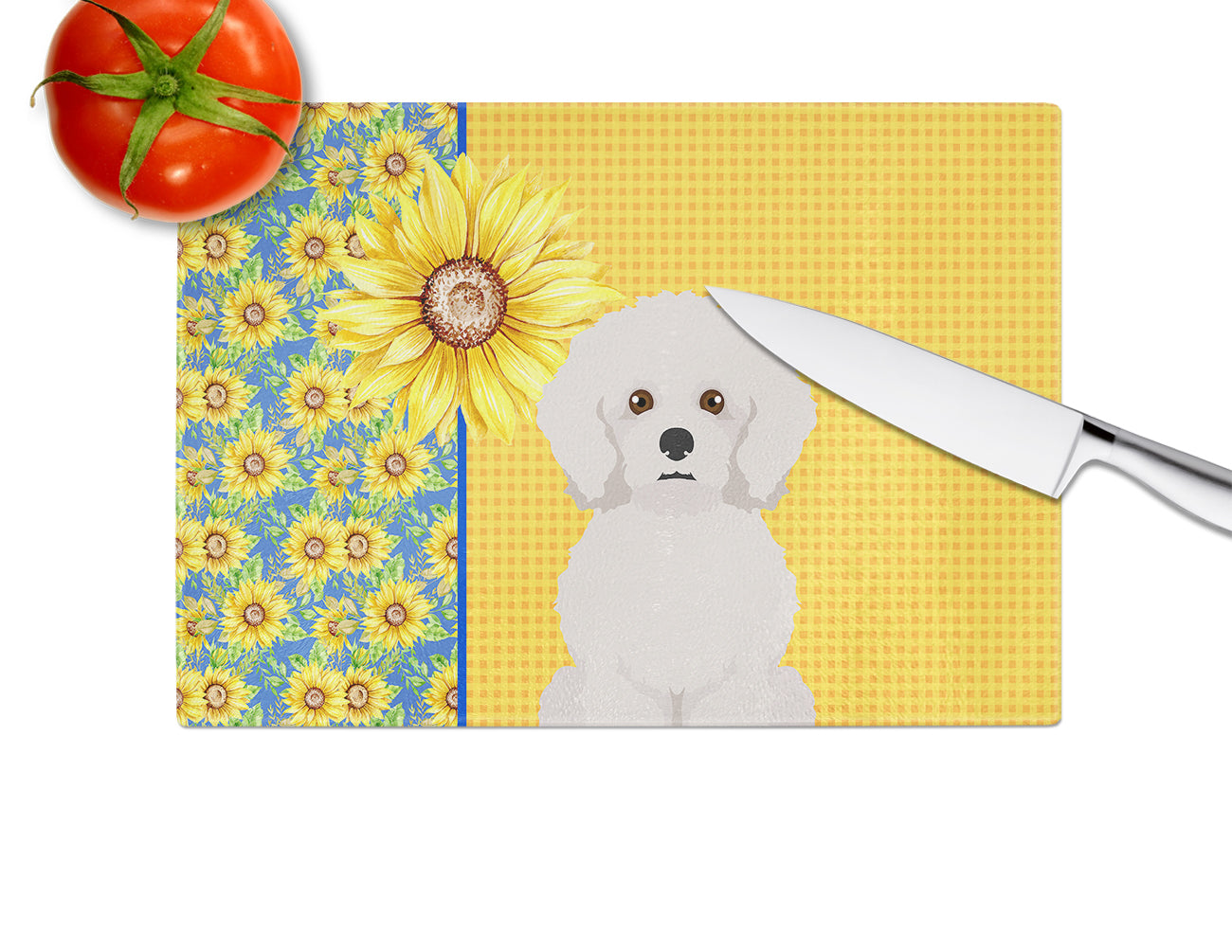 Summer Sunflowers Bichon Frise Glass Cutting Board Large - the-store.com