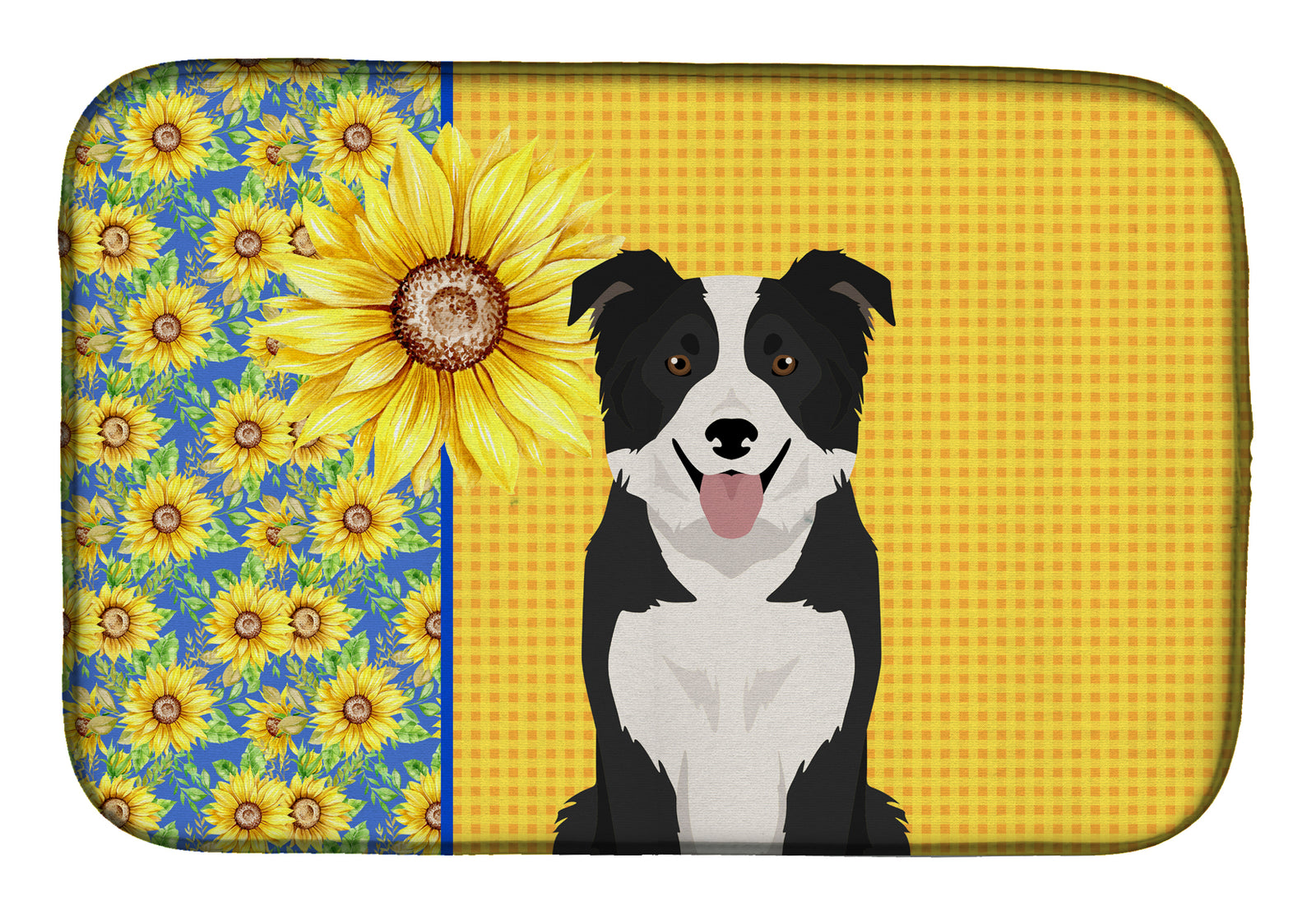 Summer Sunflowers Black and White Border Collie Dish Drying Mat