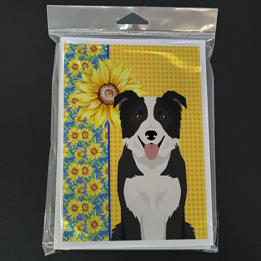 Summer Sunflowers Black and White Border Collie Greeting Cards and Envelopes Pack of 8 - the-store.com