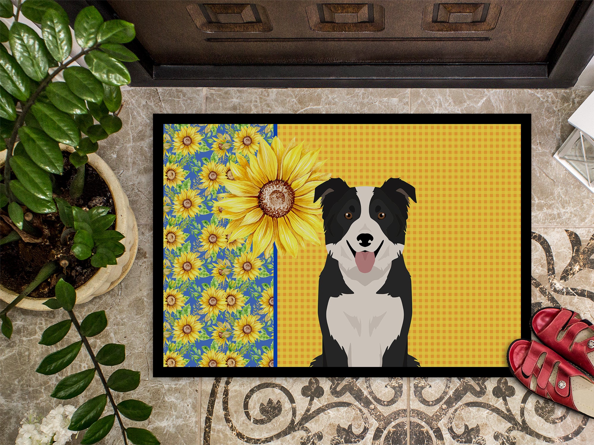 Summer Sunflowers Black and White Border Collie Indoor or Outdoor Mat 24x36 - the-store.com
