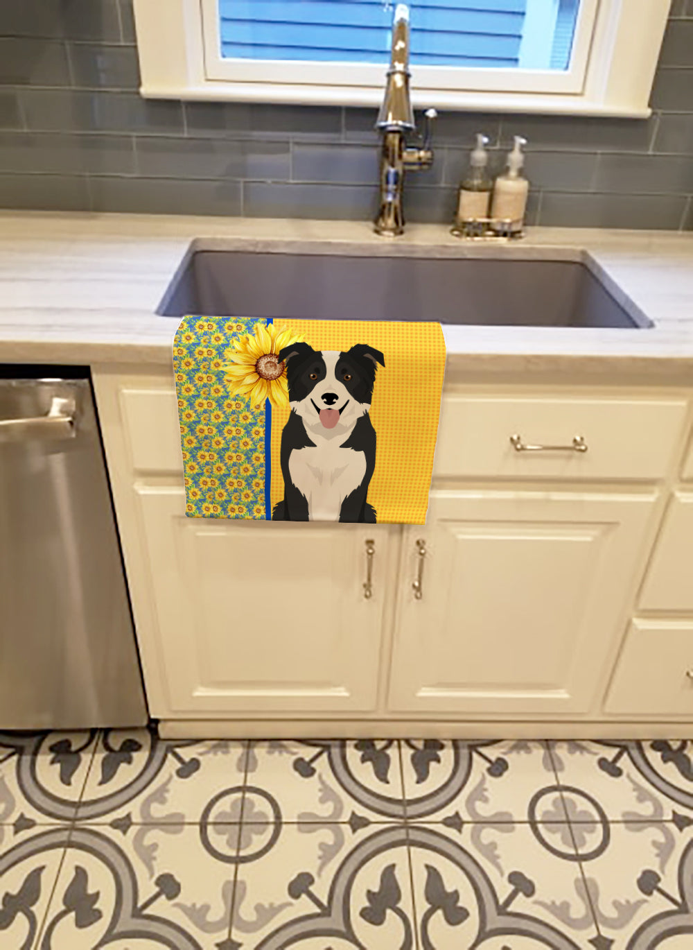 Summer Sunflowers Black and White Border Collie Kitchen Towel - the-store.com