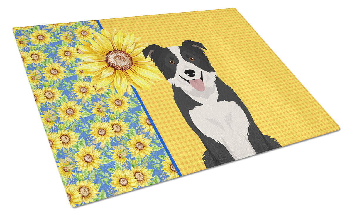Buy this Summer Sunflowers Black and White Border Collie Glass Cutting Board Large