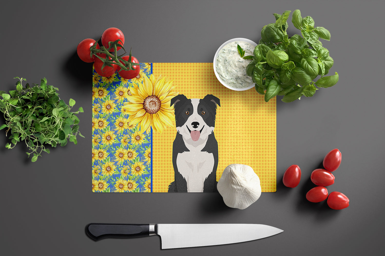 Summer Sunflowers Black and White Border Collie Glass Cutting Board Large - the-store.com