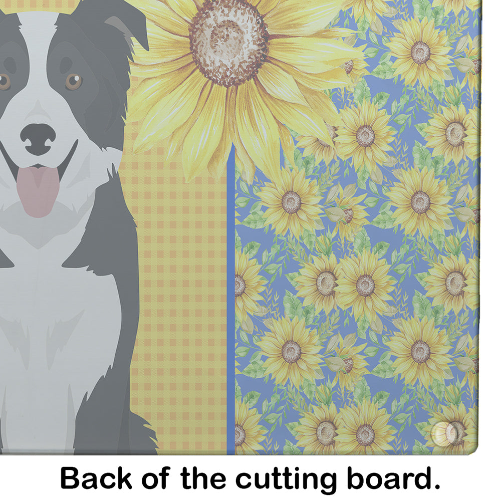 Summer Sunflowers Black and White Border Collie Glass Cutting Board Large - the-store.com