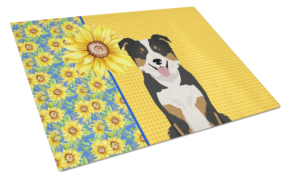 Buy this Summer Sunflowers Tricolor Border Collie Glass Cutting Board Large