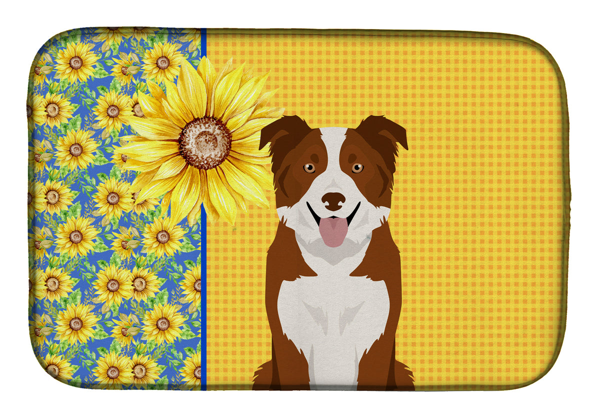 Summer Sunflowers Red and White Border Collie Dish Drying Mat