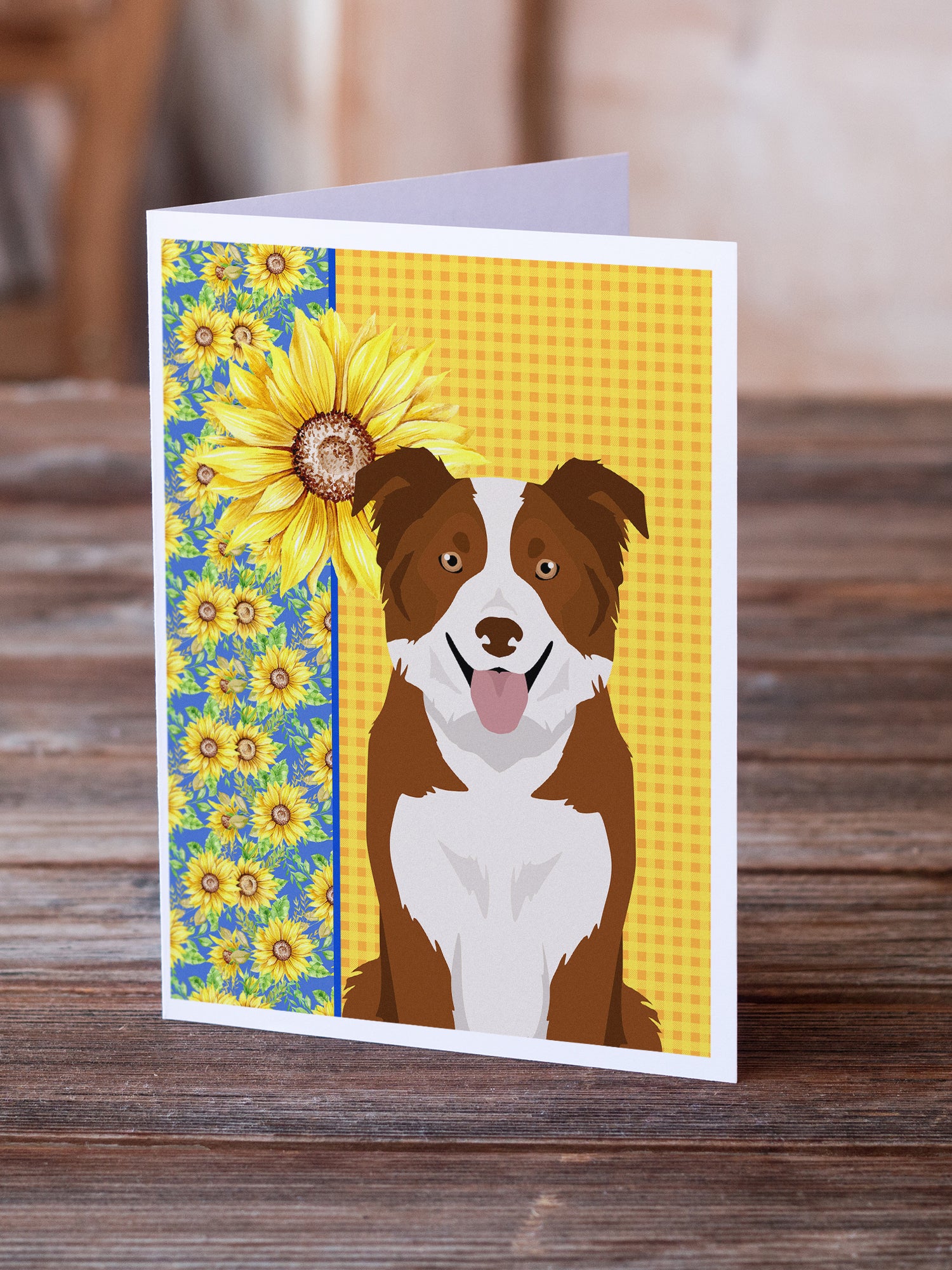 Summer Sunflowers Red and White Border Collie Greeting Cards and Envelopes Pack of 8 - the-store.com