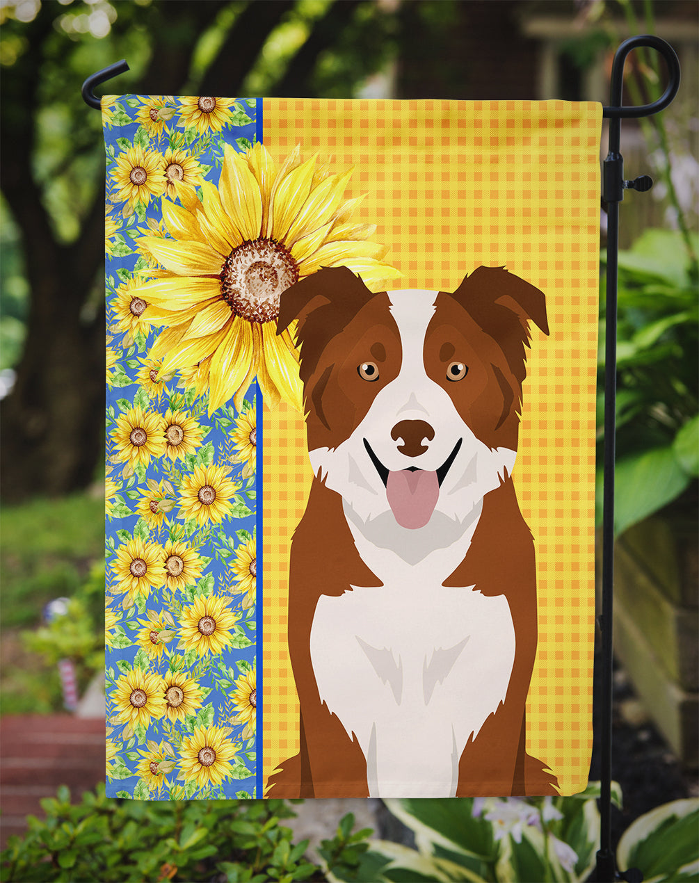 Summer Sunflowers Red and White Border Collie Flag Garden Size  the-store.com.