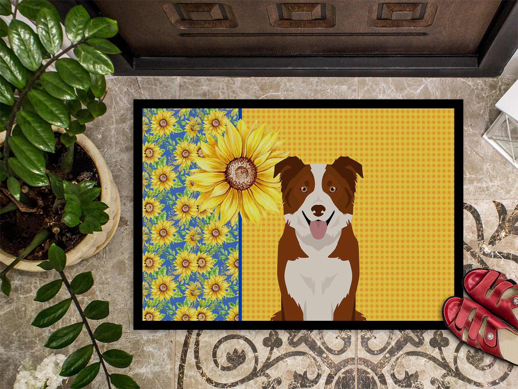 Summer Sunflowers Red and White Border Collie Indoor or Outdoor Mat 24x36 - the-store.com