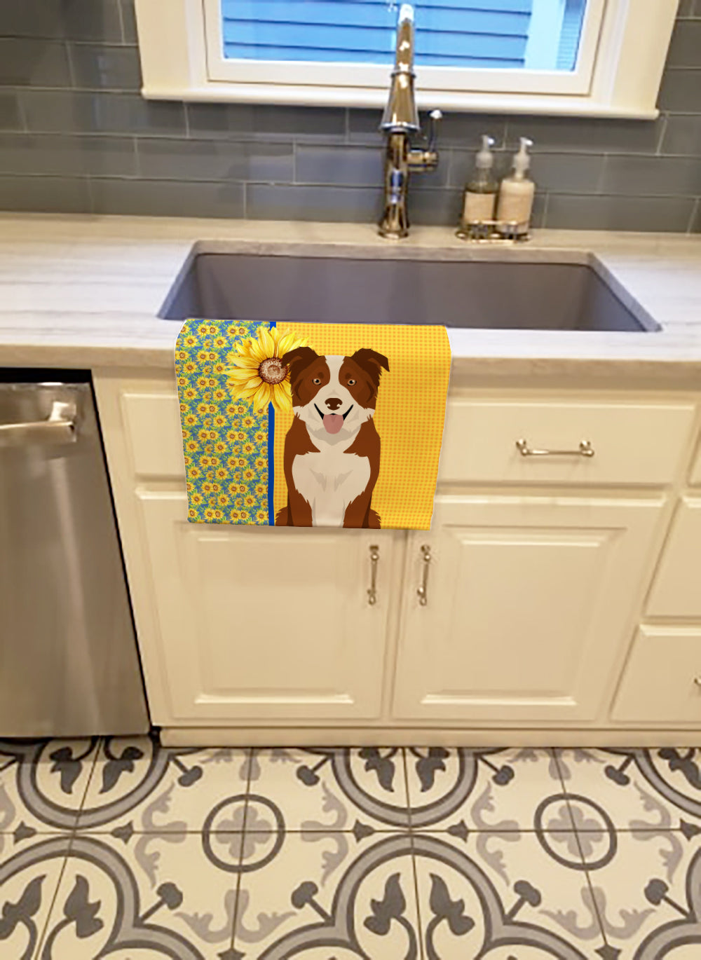 Summer Sunflowers Red and White Border Collie Kitchen Towel - the-store.com