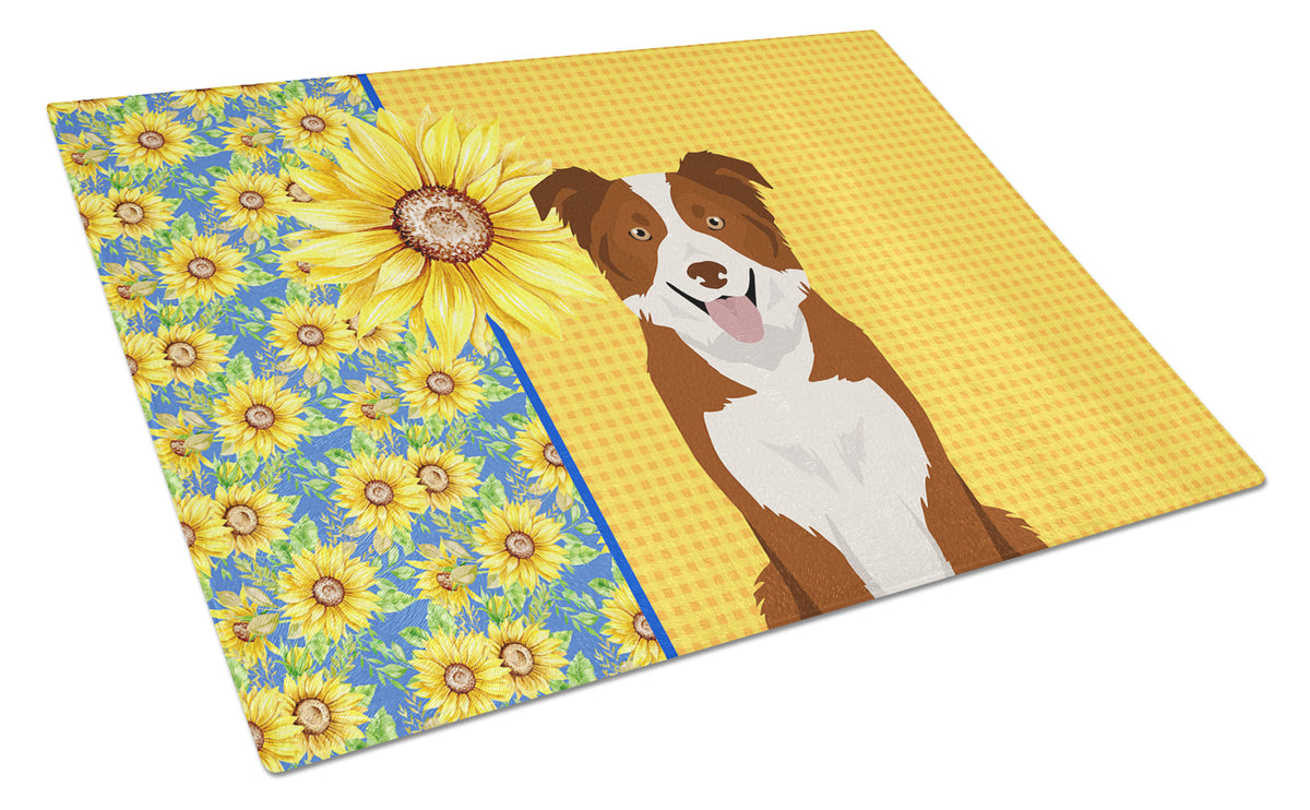Buy this Summer Sunflowers Red and White Border Collie Glass Cutting Board Large