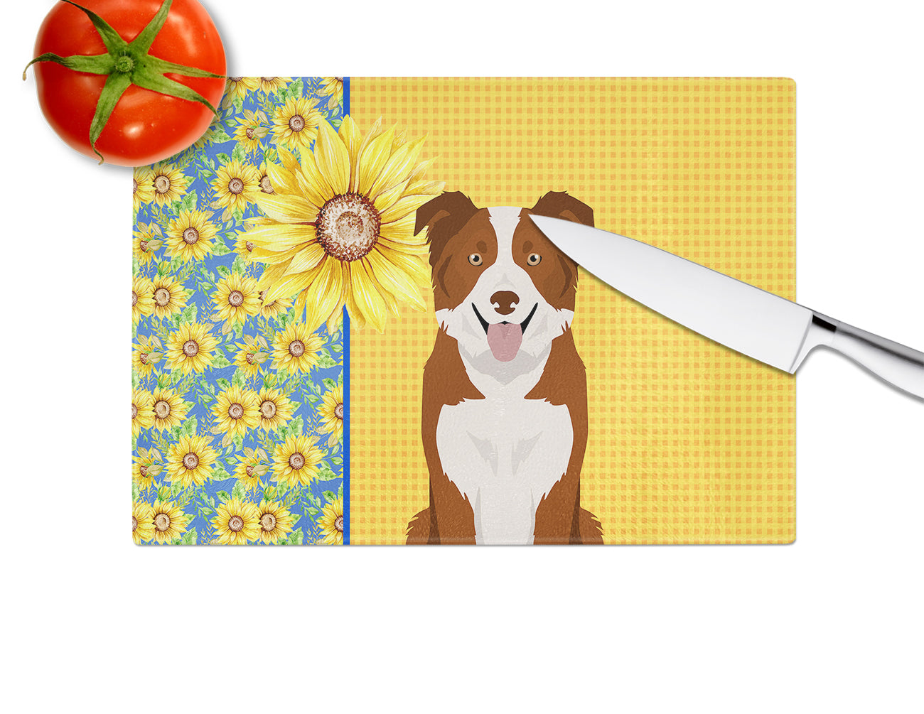 Summer Sunflowers Red and White Border Collie Glass Cutting Board Large - the-store.com