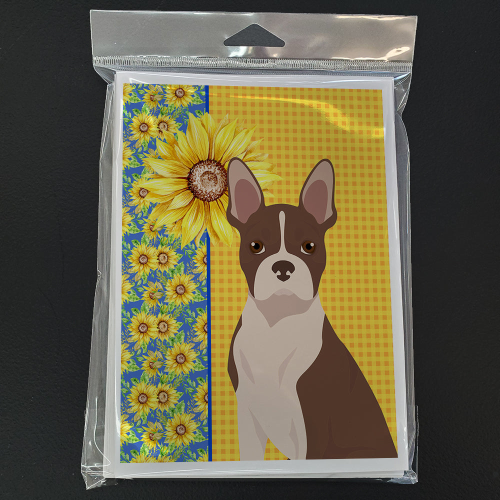 Summer Sunflowers Red Boston Terrier Greeting Cards and Envelopes Pack of 8 - the-store.com