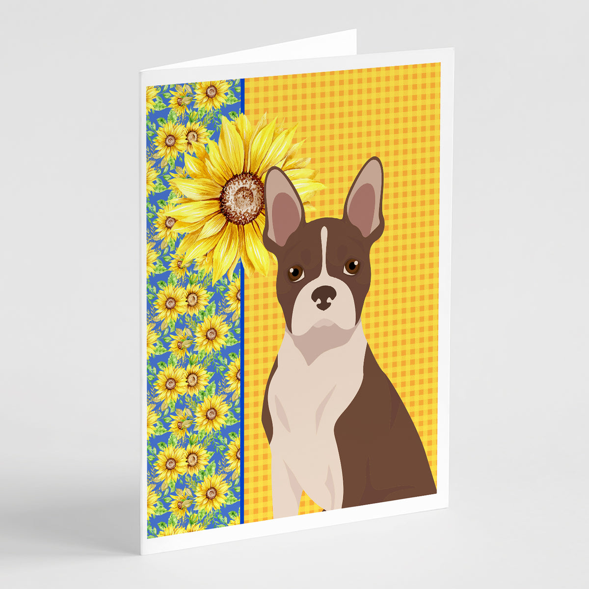 Buy this Summer Sunflowers Red Boston Terrier Greeting Cards and Envelopes Pack of 8