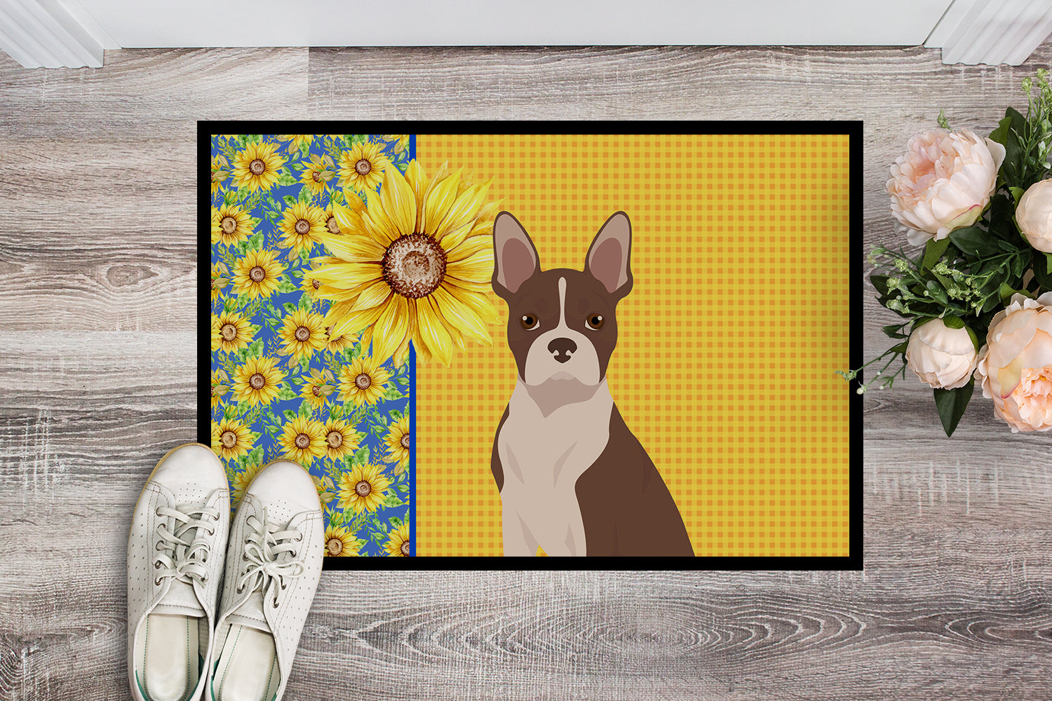 Summer Sunflowers Red Boston Terrier Indoor or Outdoor Mat 24x36 - the-store.com