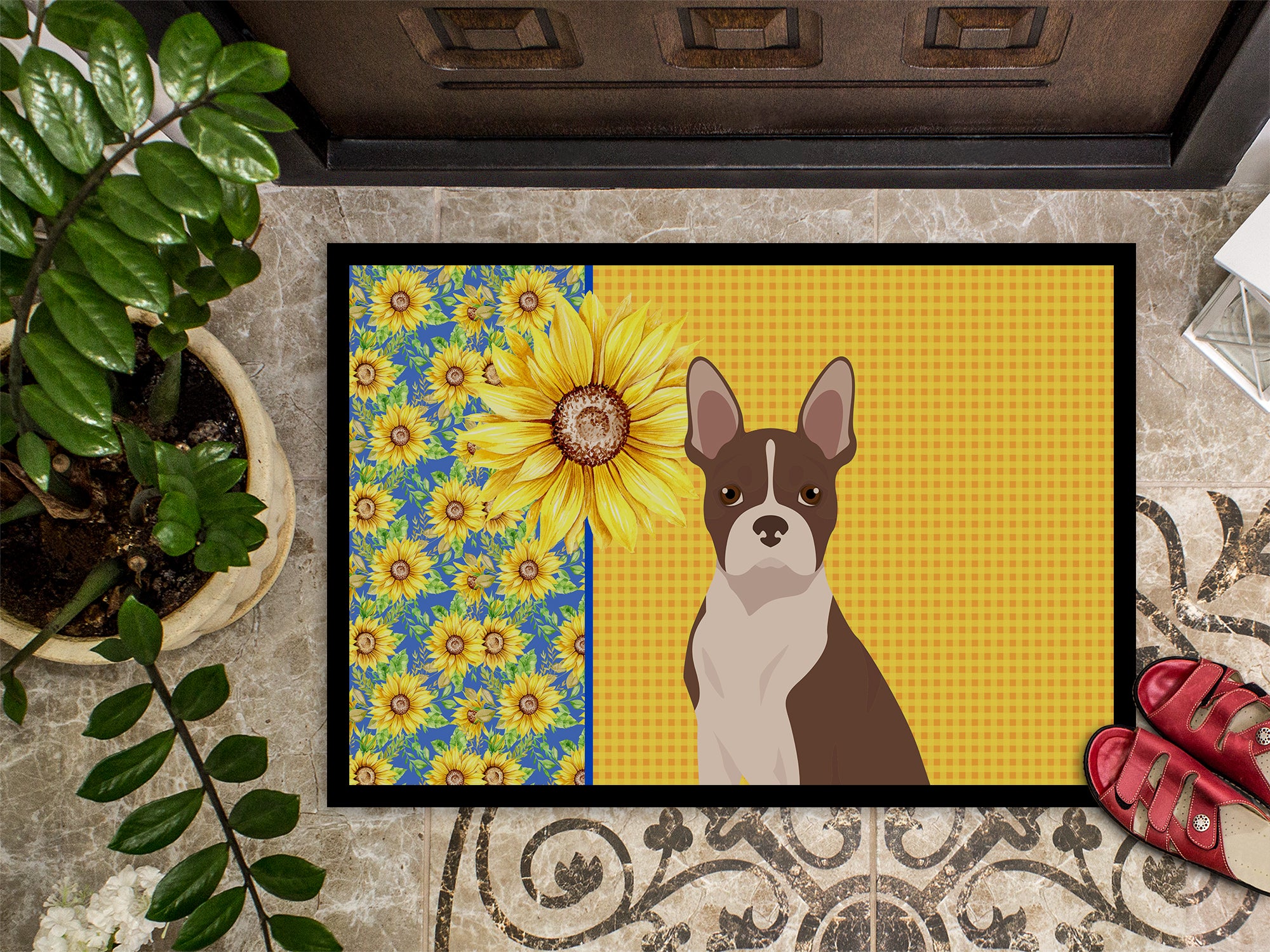 Summer Sunflowers Red Boston Terrier Indoor or Outdoor Mat 24x36 - the-store.com