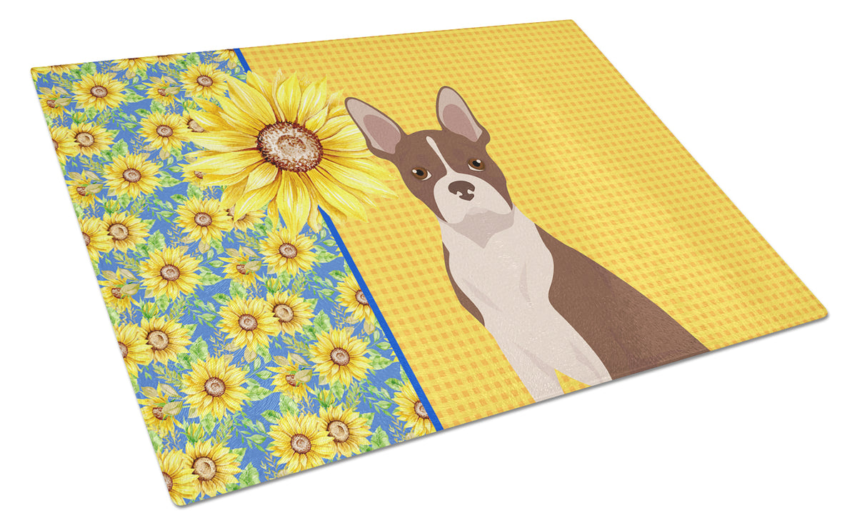 Buy this Summer Sunflowers Red Boston Terrier Glass Cutting Board Large