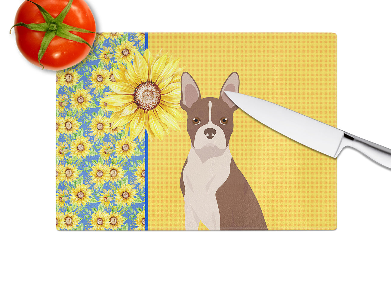 Summer Sunflowers Red Boston Terrier Glass Cutting Board Large - the-store.com