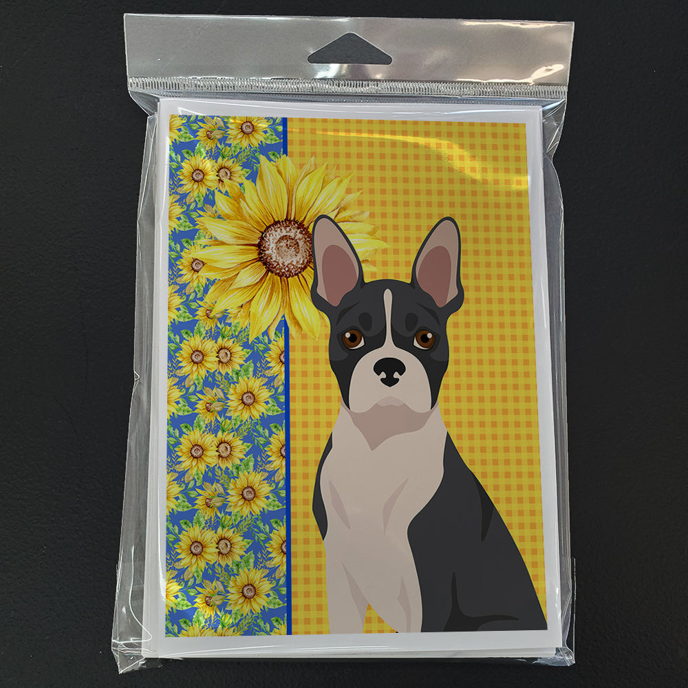Summer Sunflowers Black Boston Terrier Greeting Cards and Envelopes Pack of 8 - the-store.com