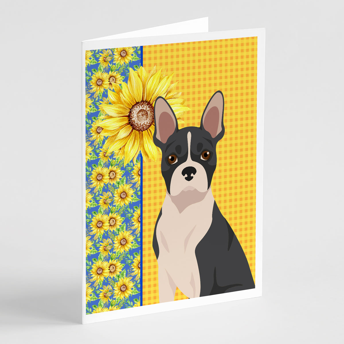 Buy this Summer Sunflowers Black Boston Terrier Greeting Cards and Envelopes Pack of 8