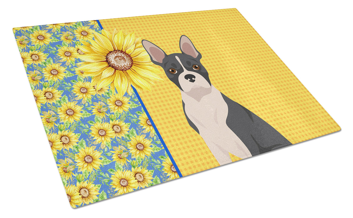 Buy this Summer Sunflowers Black Boston Terrier Glass Cutting Board Large