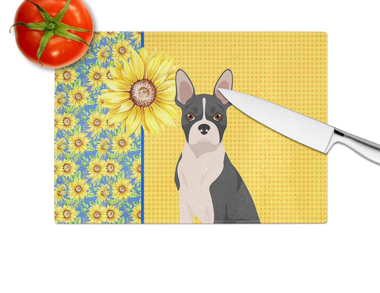 Summer Sunflowers Black Boston Terrier Glass Cutting Board Large - the-store.com