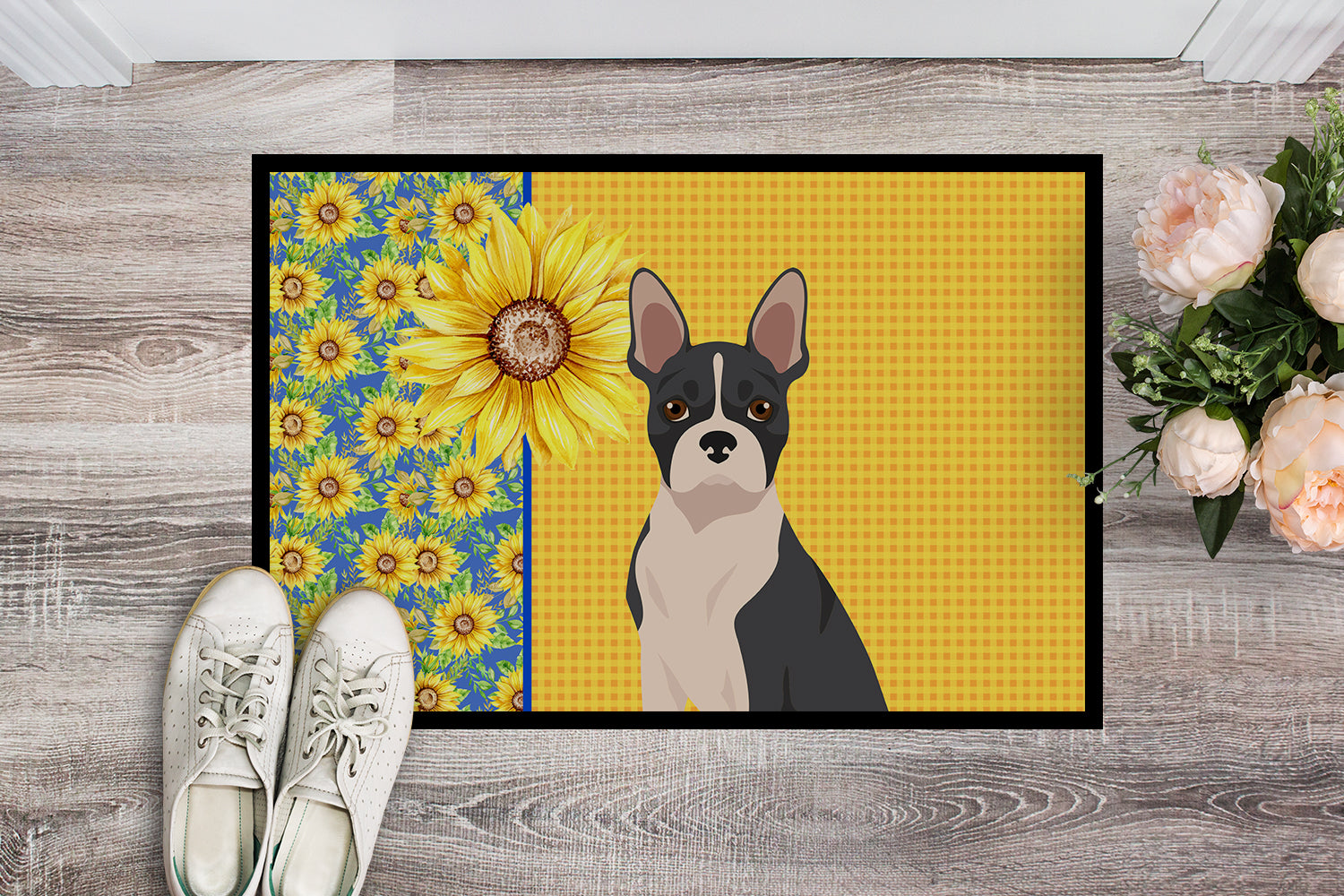 Buy this Summer Sunflowers Black Boston Terrier Indoor or Outdoor Mat 18x27
