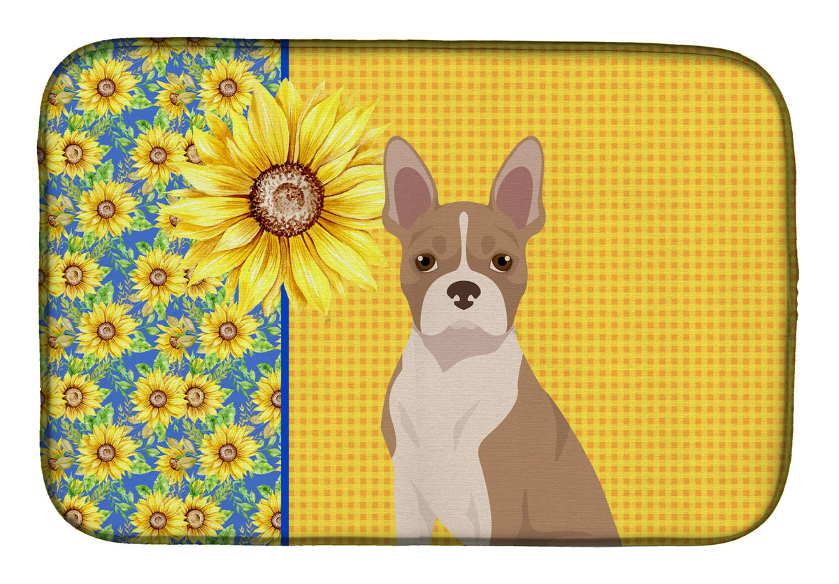 Summer Sunflowers Fawn Boston Terrier Dish Drying Mat  the-store.com.