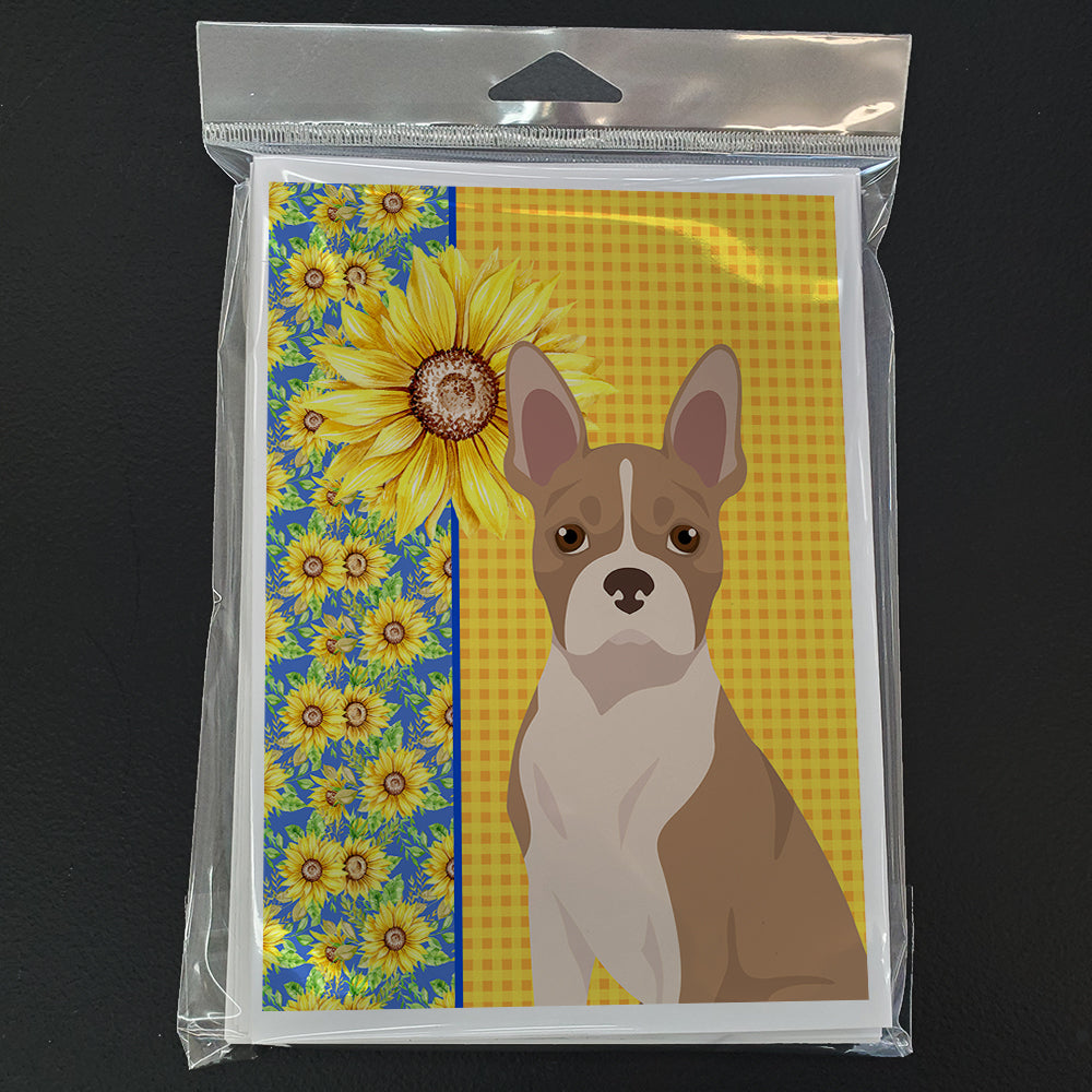 Summer Sunflowers Fawn Boston Terrier Greeting Cards and Envelopes Pack of 8 - the-store.com