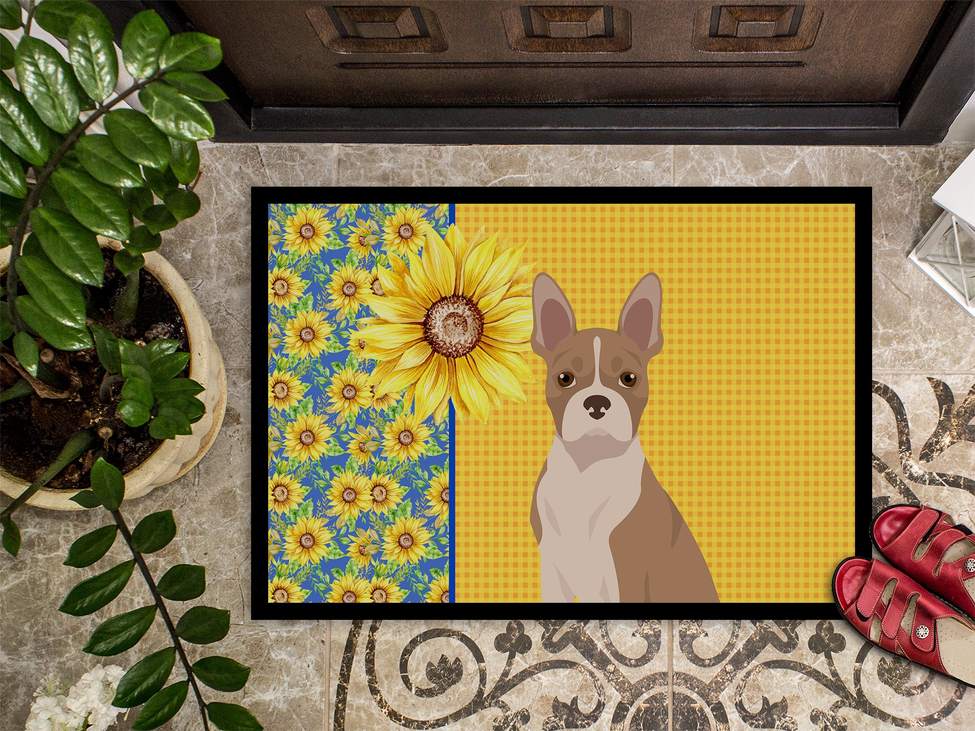 Summer Sunflowers Fawn Boston Terrier Indoor or Outdoor Mat 24x36 - the-store.com