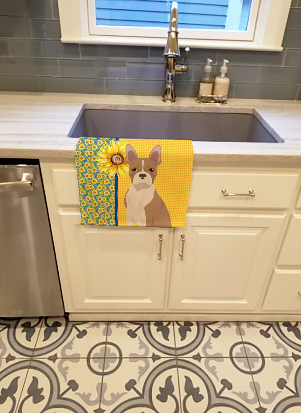 Summer Sunflowers Fawn Boston Terrier Kitchen Towel - the-store.com