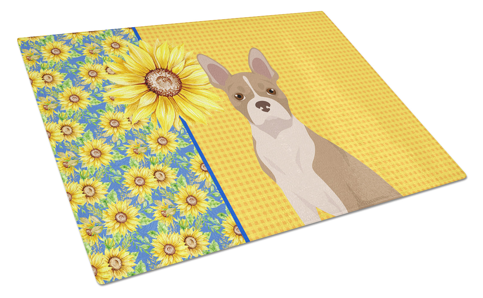 Buy this Summer Sunflowers Fawn Boston Terrier Glass Cutting Board Large