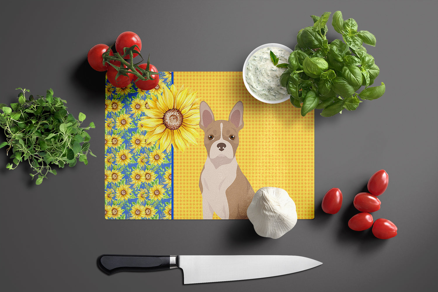 Summer Sunflowers Fawn Boston Terrier Glass Cutting Board Large - the-store.com