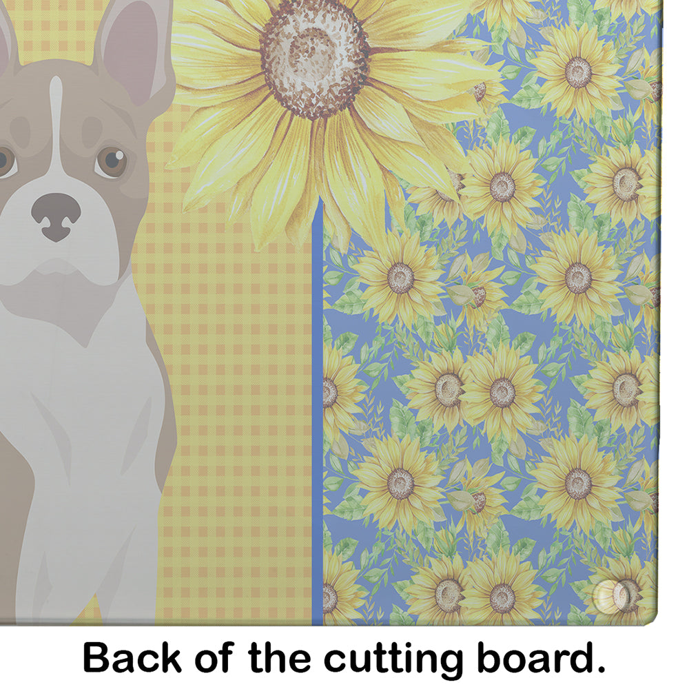 Summer Sunflowers Fawn Boston Terrier Glass Cutting Board Large - the-store.com
