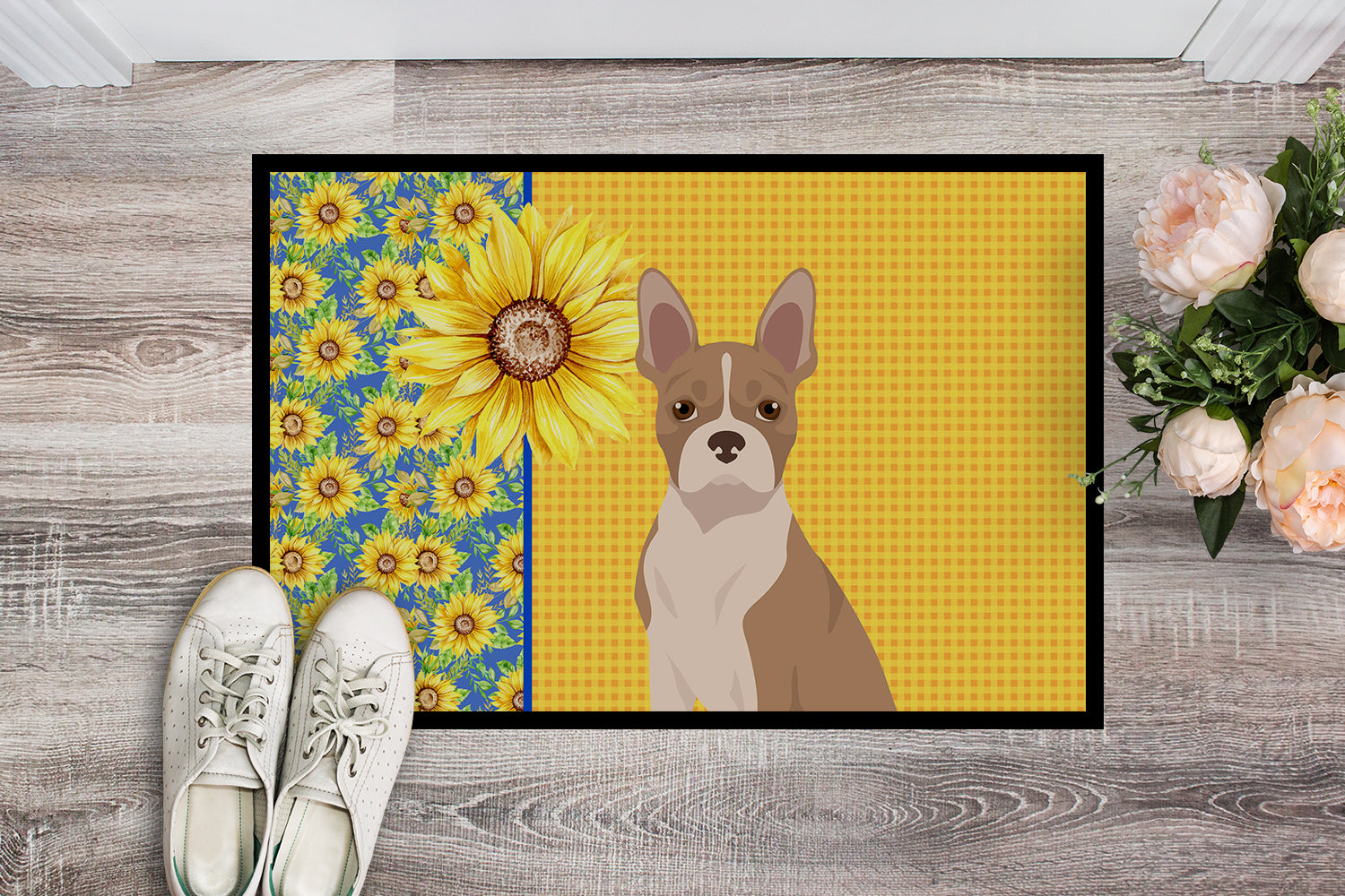 Summer Sunflowers Fawn Boston Terrier Indoor or Outdoor Mat 18x27 - the-store.com