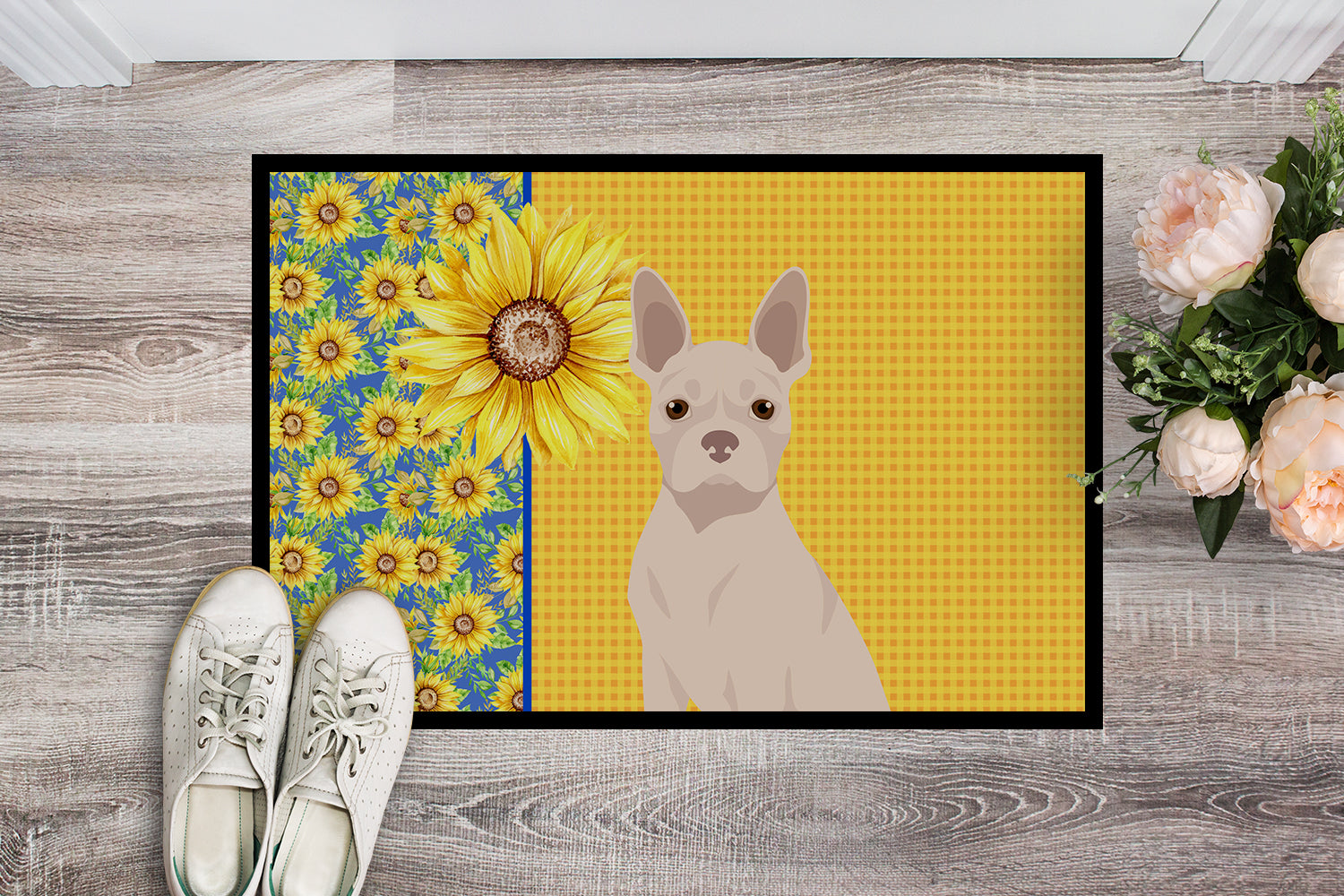 Summer Sunflowers White Boston Terrier Indoor or Outdoor Mat 24x36 - the-store.com