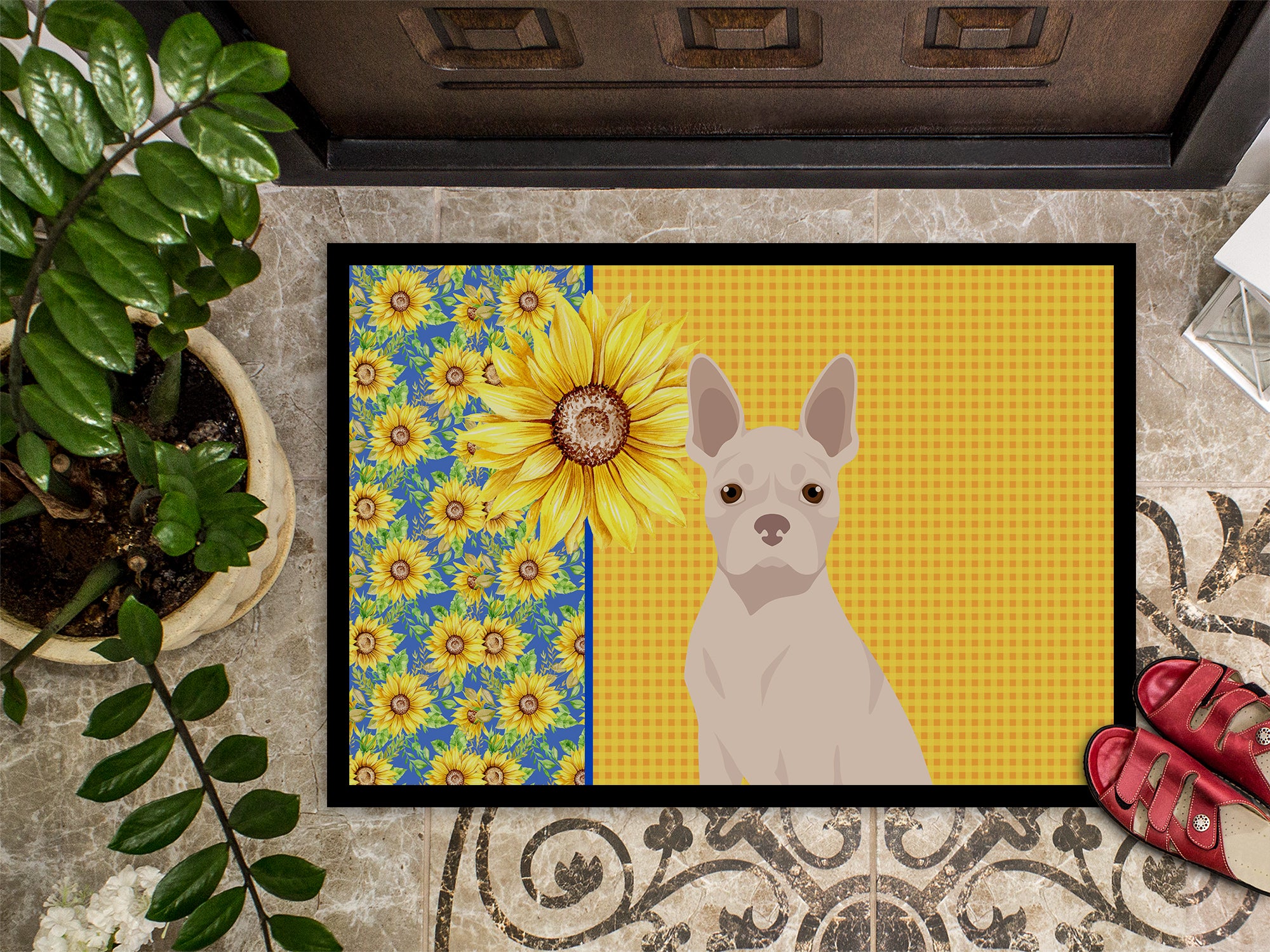 Summer Sunflowers White Boston Terrier Indoor or Outdoor Mat 24x36 - the-store.com