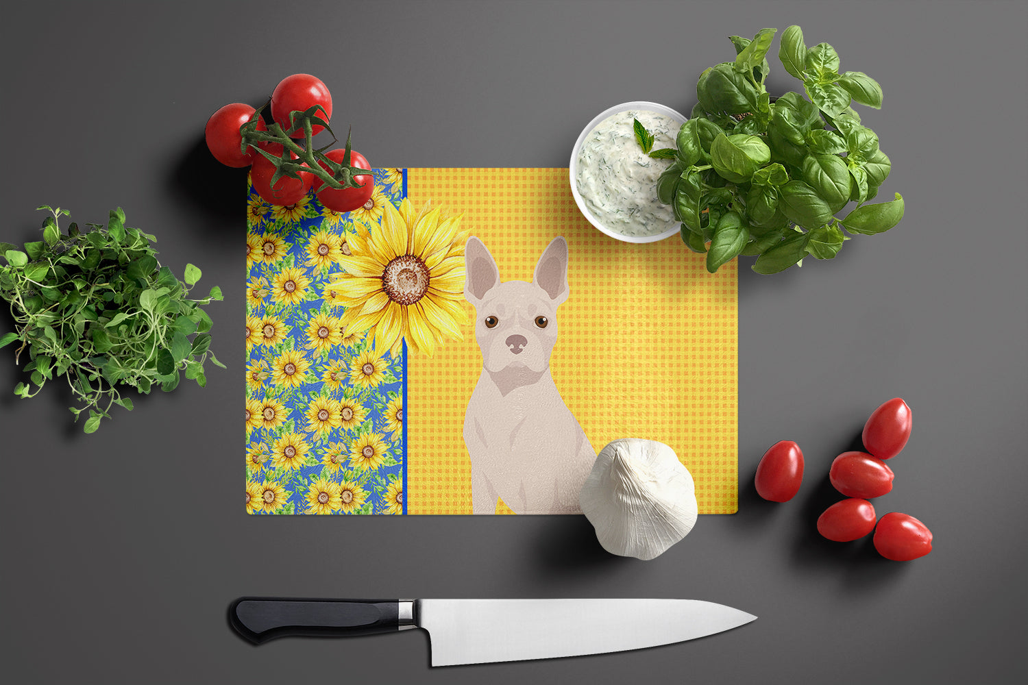 Summer Sunflowers White Boston Terrier Glass Cutting Board Large - the-store.com