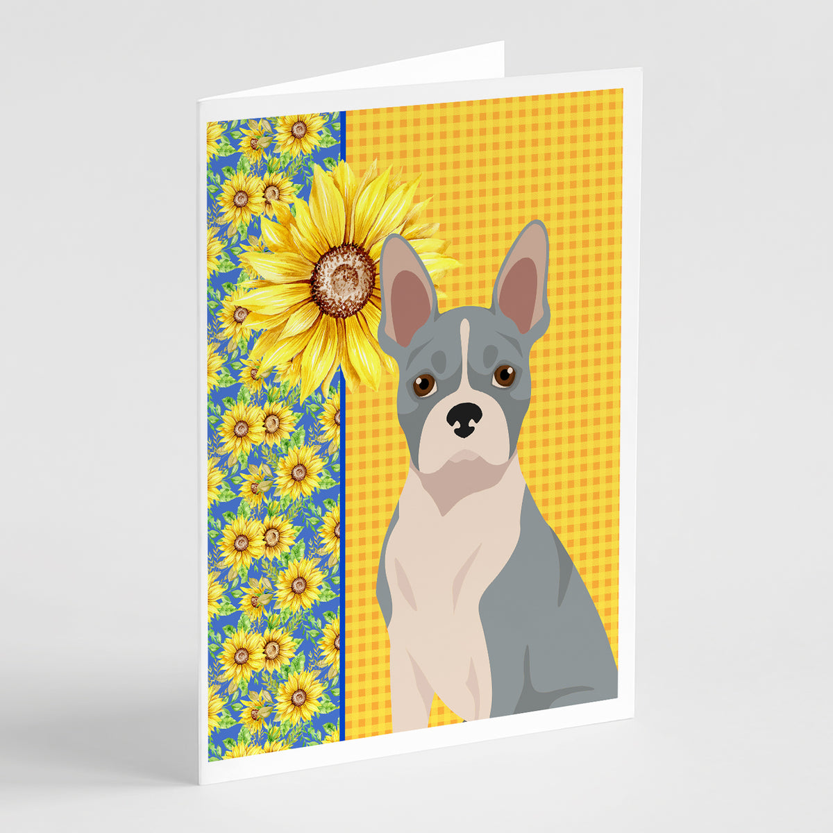 Buy this Summer Sunflowers Blue Boston Terrier Greeting Cards and Envelopes Pack of 8