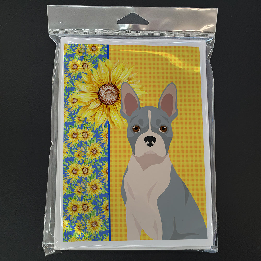 Summer Sunflowers Blue Boston Terrier Greeting Cards and Envelopes Pack of 8 - the-store.com