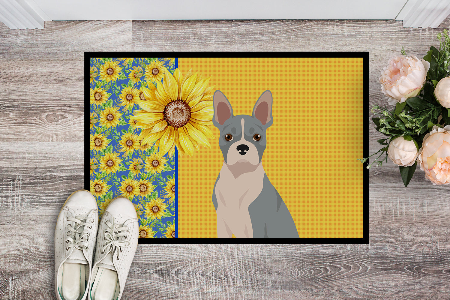 Buy this Summer Sunflowers Blue Boston Terrier Indoor or Outdoor Mat 24x36