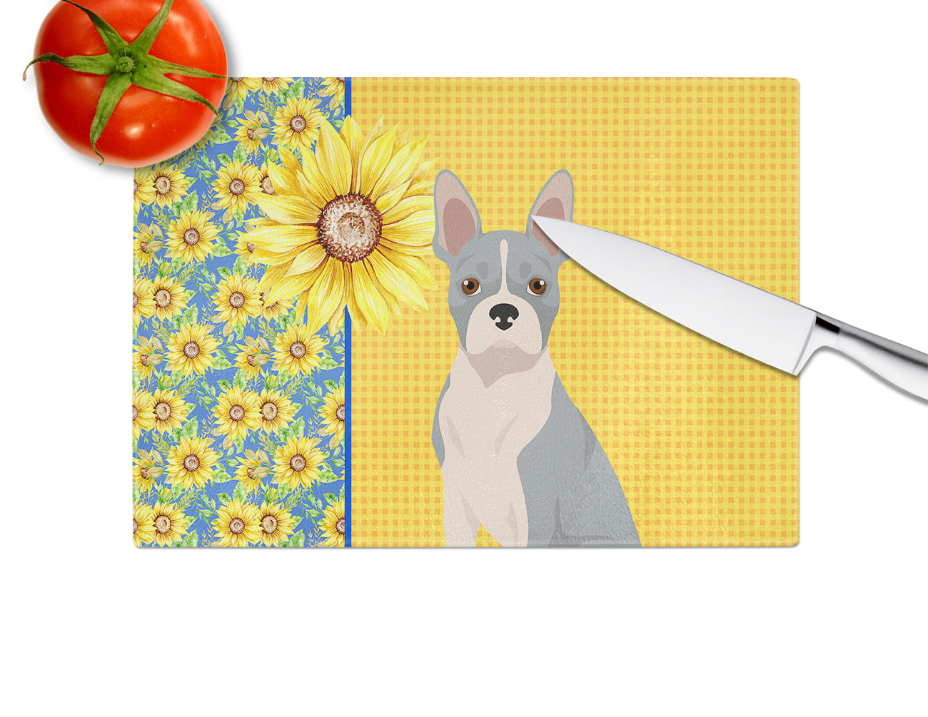Summer Sunflowers Blue Boston Terrier Glass Cutting Board Large - the-store.com