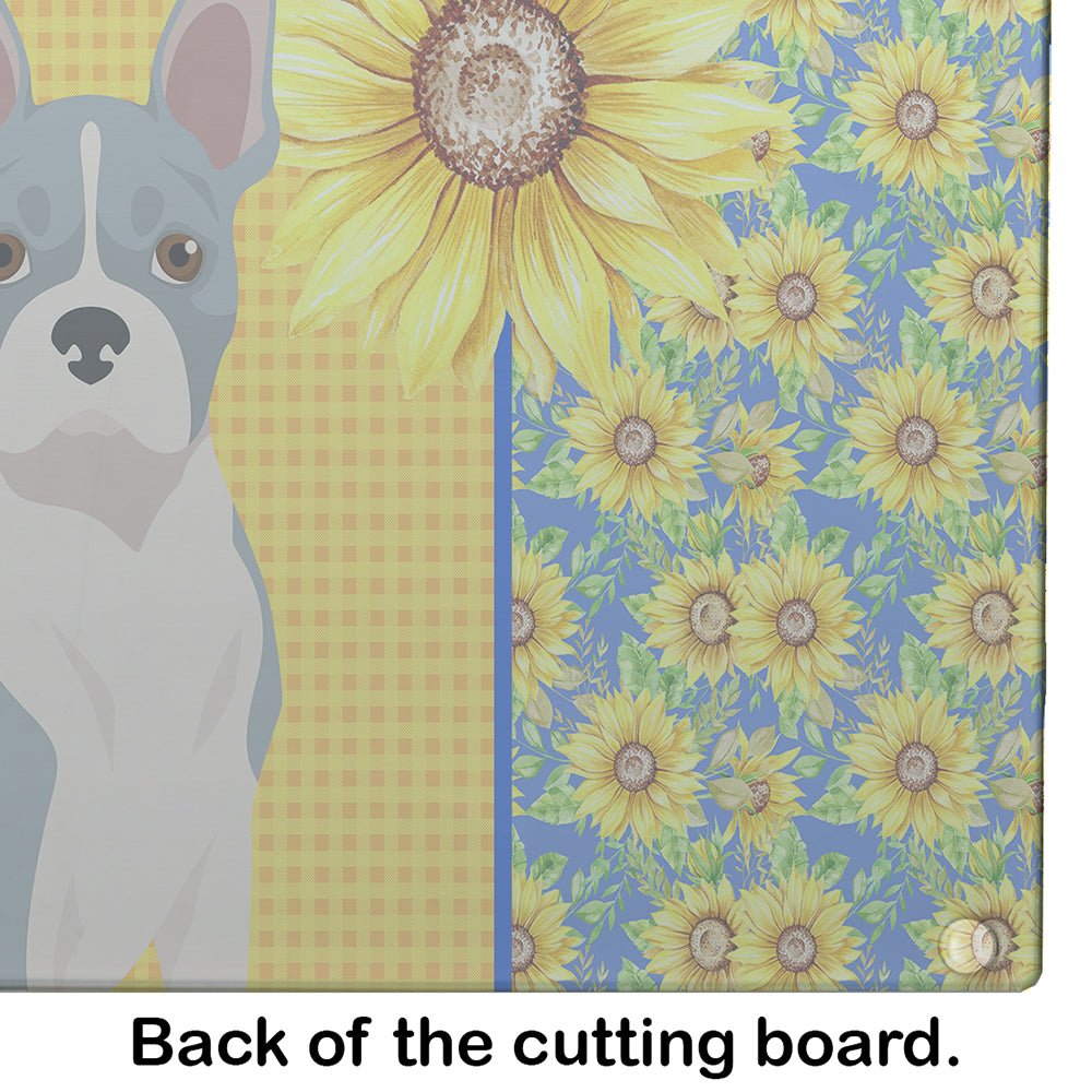 Summer Sunflowers Blue Boston Terrier Glass Cutting Board Large - the-store.com