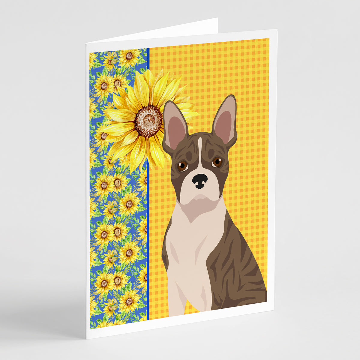 Buy this Summer Sunflowers Brindle Boston Terrier Greeting Cards and Envelopes Pack of 8